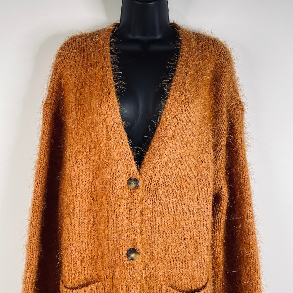 Free People Nevermind Sm Orange Shaggy Knit Button Front Sweater Oversized READ - Picture 10 of 16